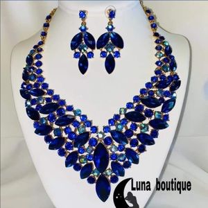 Large Blue Statement Necklace And Earrings Set